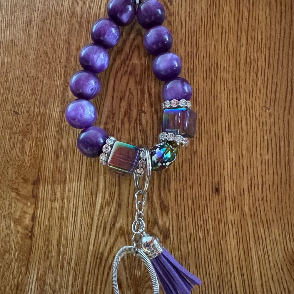 Vibrant Purple Beaded Bracelet Key Holder with Tassel
